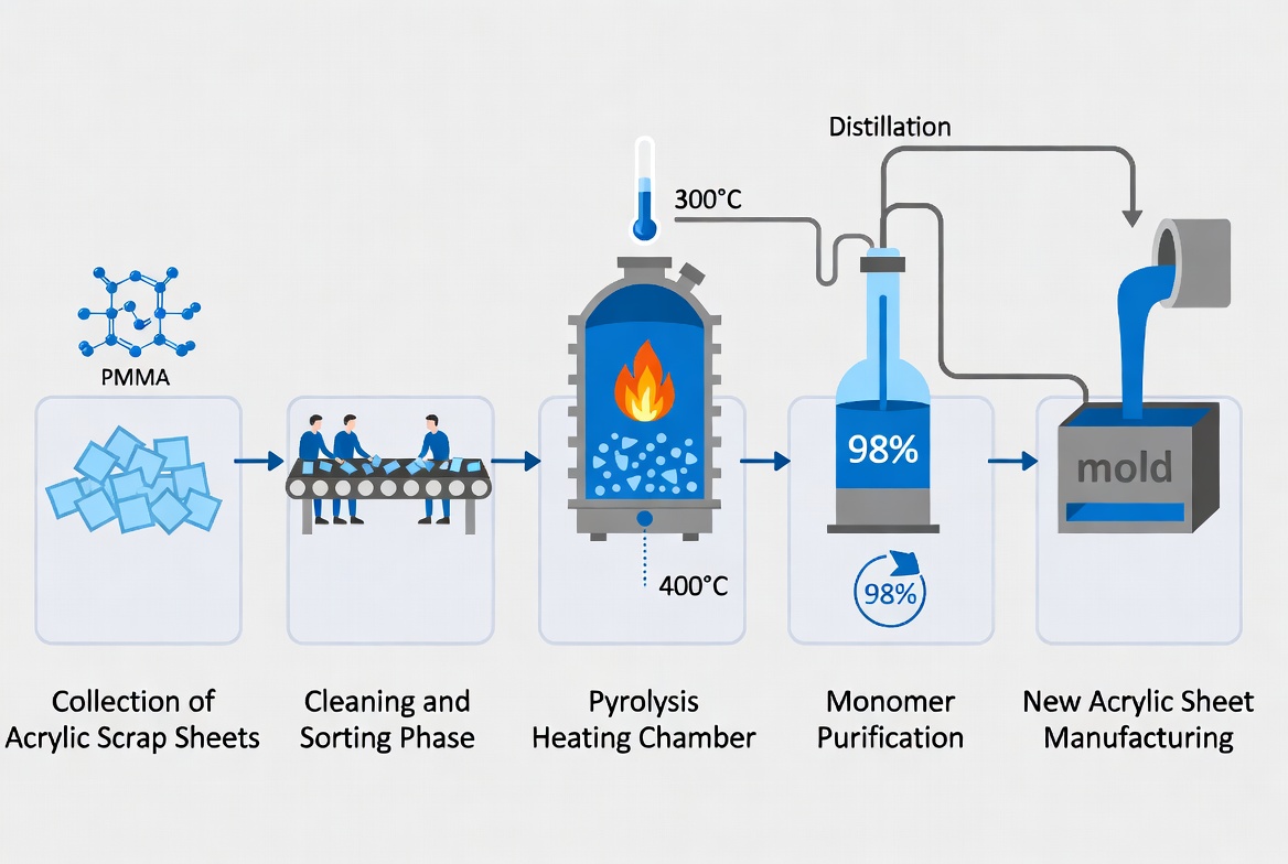 Diagramme du processus de recyclage de la d&eacute;polym&eacute;risation du PMMA acrylique
