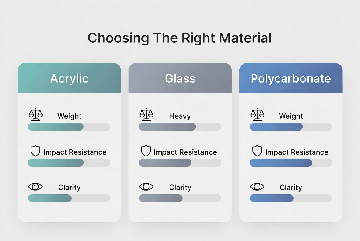 Comparaison acrylique, verre et polycarbonate