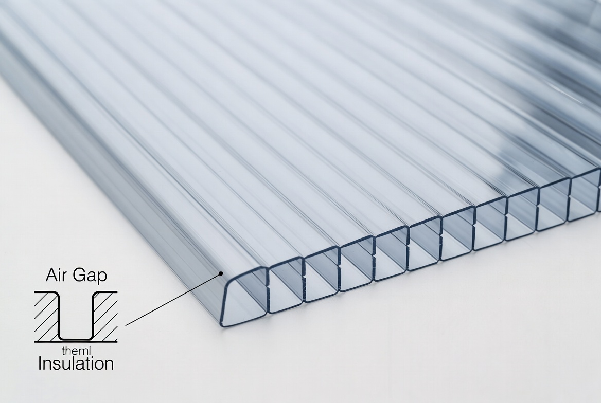 D&eacute;tail de la section transversale de la feuille creuse en polycarbonate &agrave; double paroi