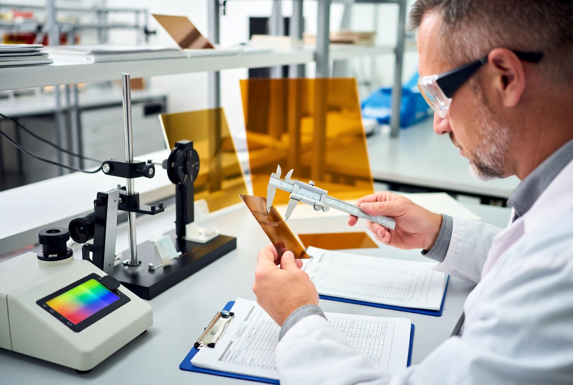 Inspecteur du contr&ocirc;le qualit&eacute; testant des &eacute;chantillons de feuilles ABS